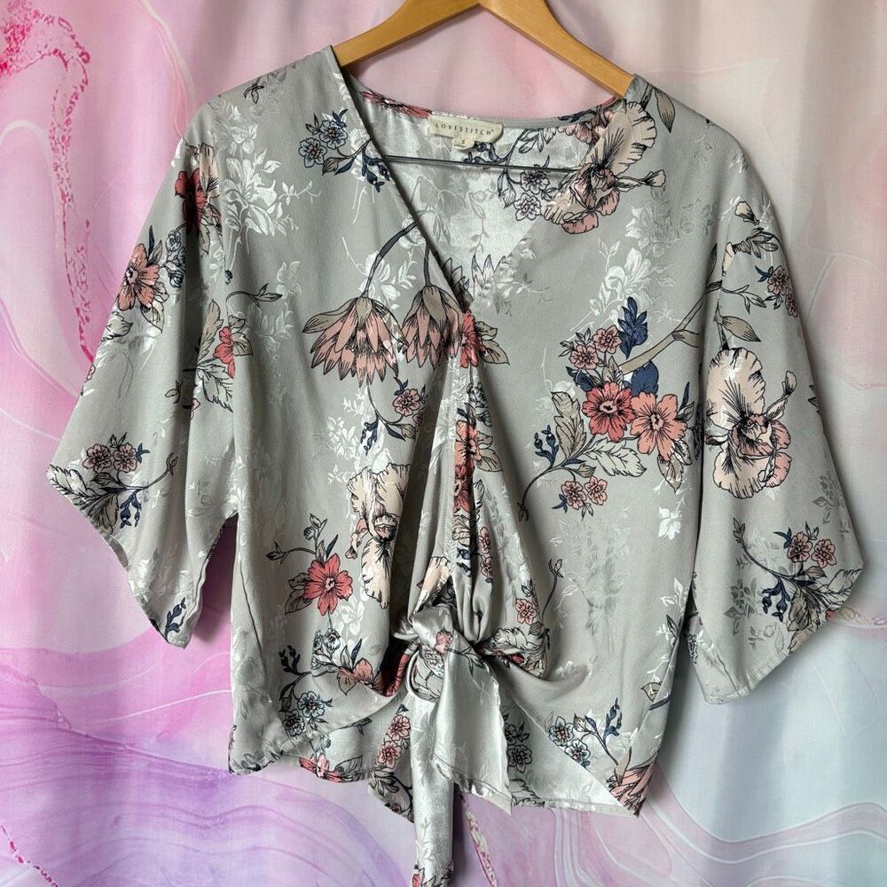 Lovestitch S Gray Silver Floral Cropped Blouse Retro Romantic Preppy Evening